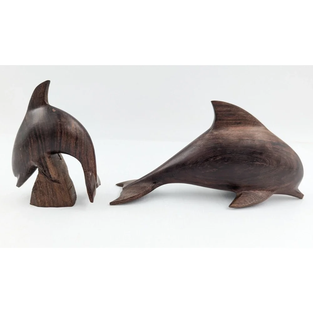 Set 2 Vintage Hand Carved Ironwood Dolphin Sculptures Figures Dolphins 9" and 5" - Picture 4 of 12
